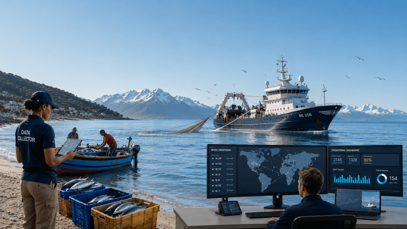 Fisheries governance platform connecting vessels, field operations, monitoring and analytics