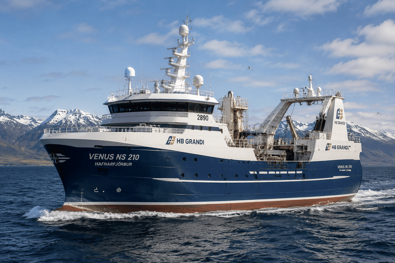 Modern industrial fishing vessel operating offshore